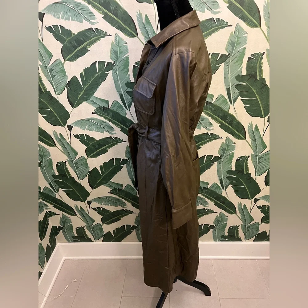 Marissa Webb RTR Green Faux Leather Dress Long Sleeve Trench Belted Womens 4 - Picture 6 of 10
